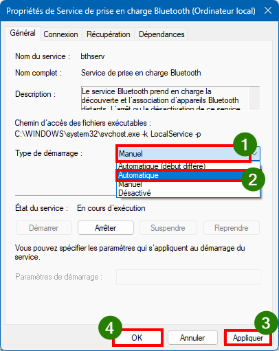 Modifier option Propriétés de service de prise en charge Bluetooth