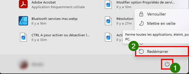 Redémarrer ordinateur via menu Démarrer
