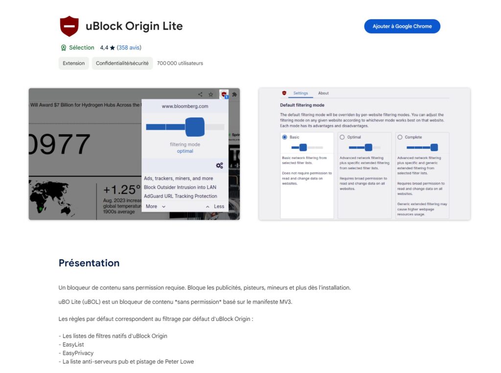 Présentation de uBlock Origin Lite dans Chrome Web Store.