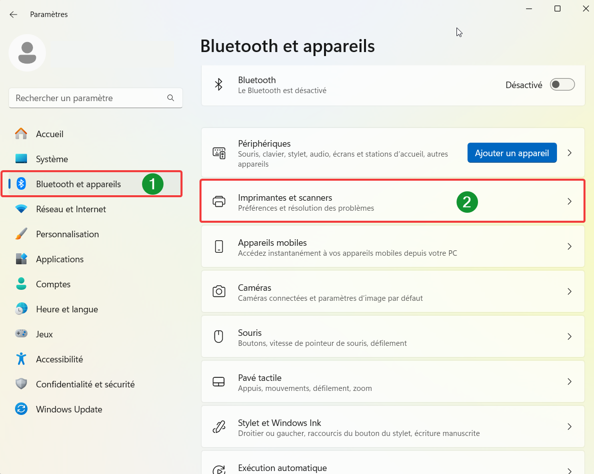 Menu Bluetooth et appareils de Windows