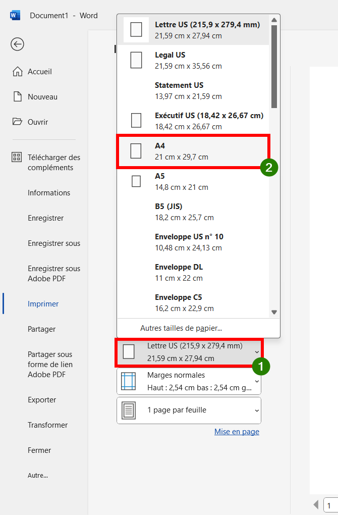 Word, choisir format A4 pour l'impression