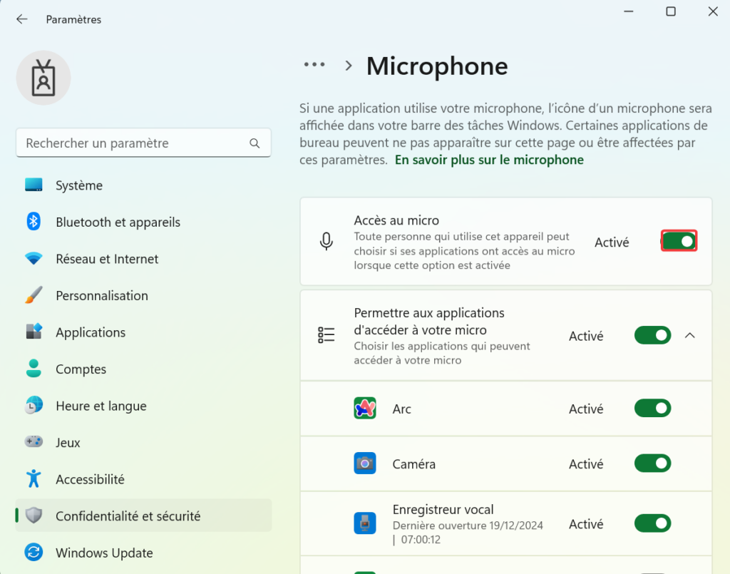 Curseur Accès au microphone activé