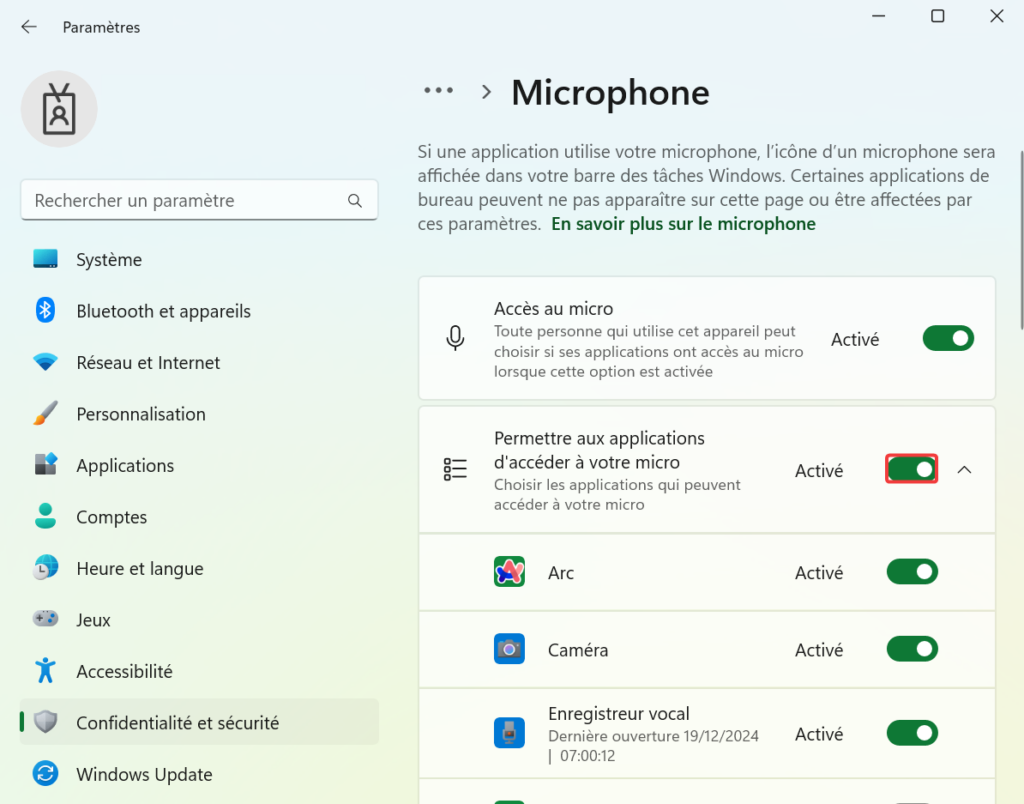 Permettre aux applications d'utiliser le micro