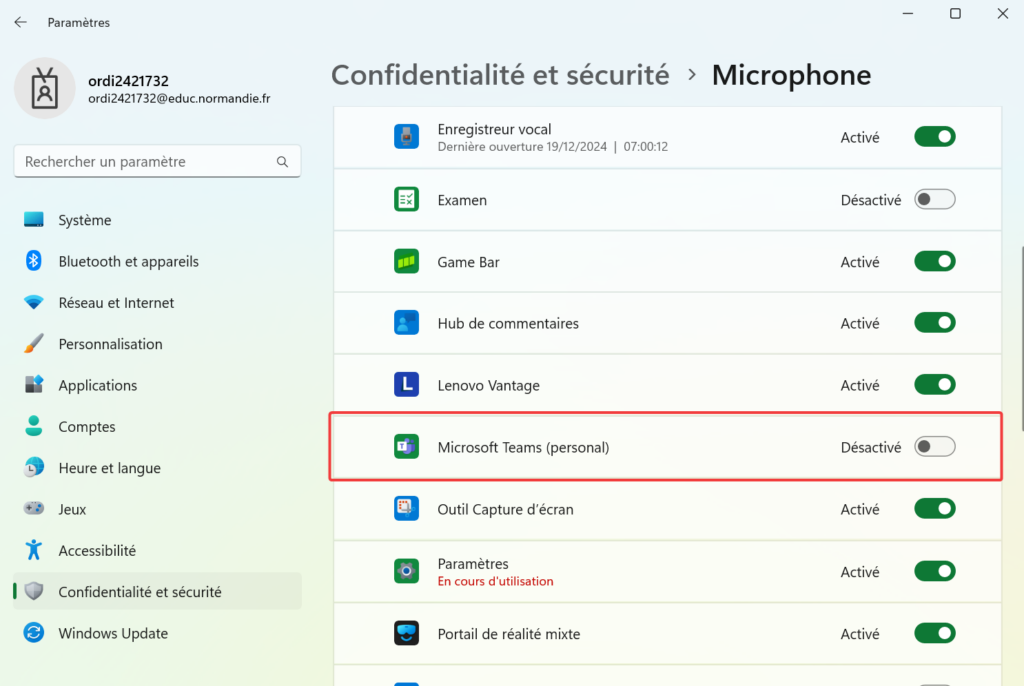 Le micro est désactivé pour Microsoft Teams