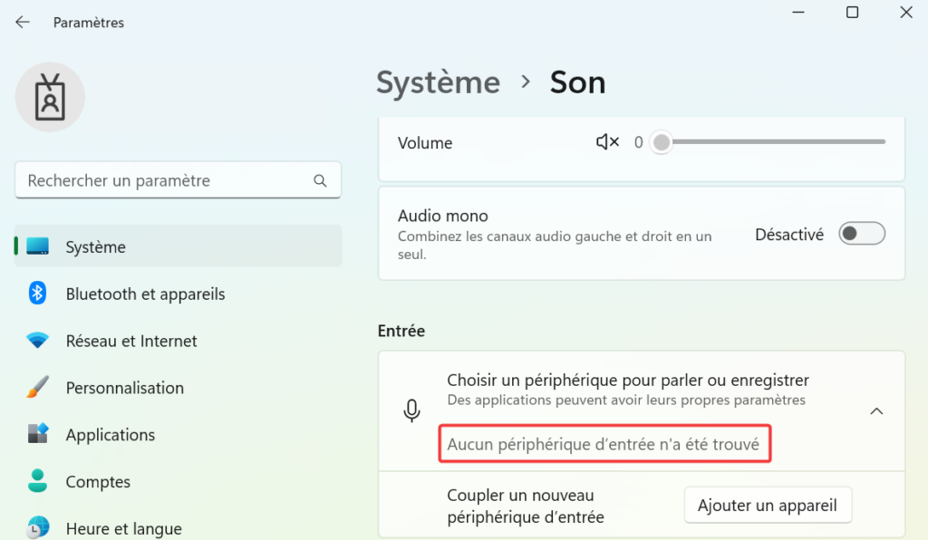 Aucun périphérique audio trouvé