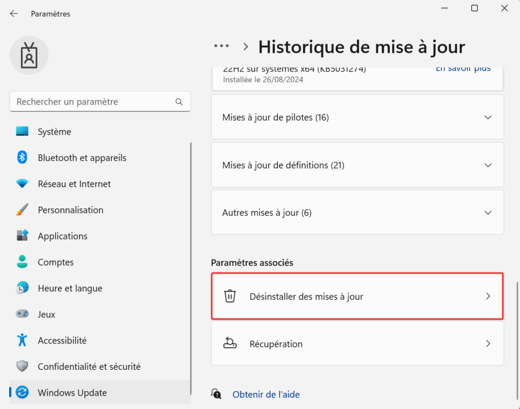 menu désinstallation des mises à jour