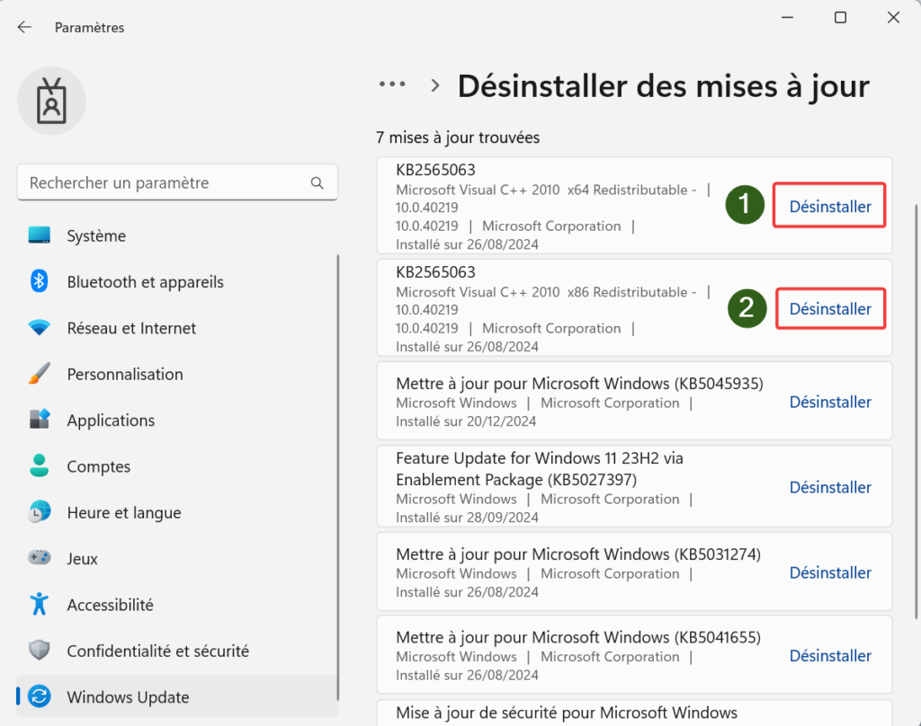 Désinstaller les misés à jour via le menu Windows update