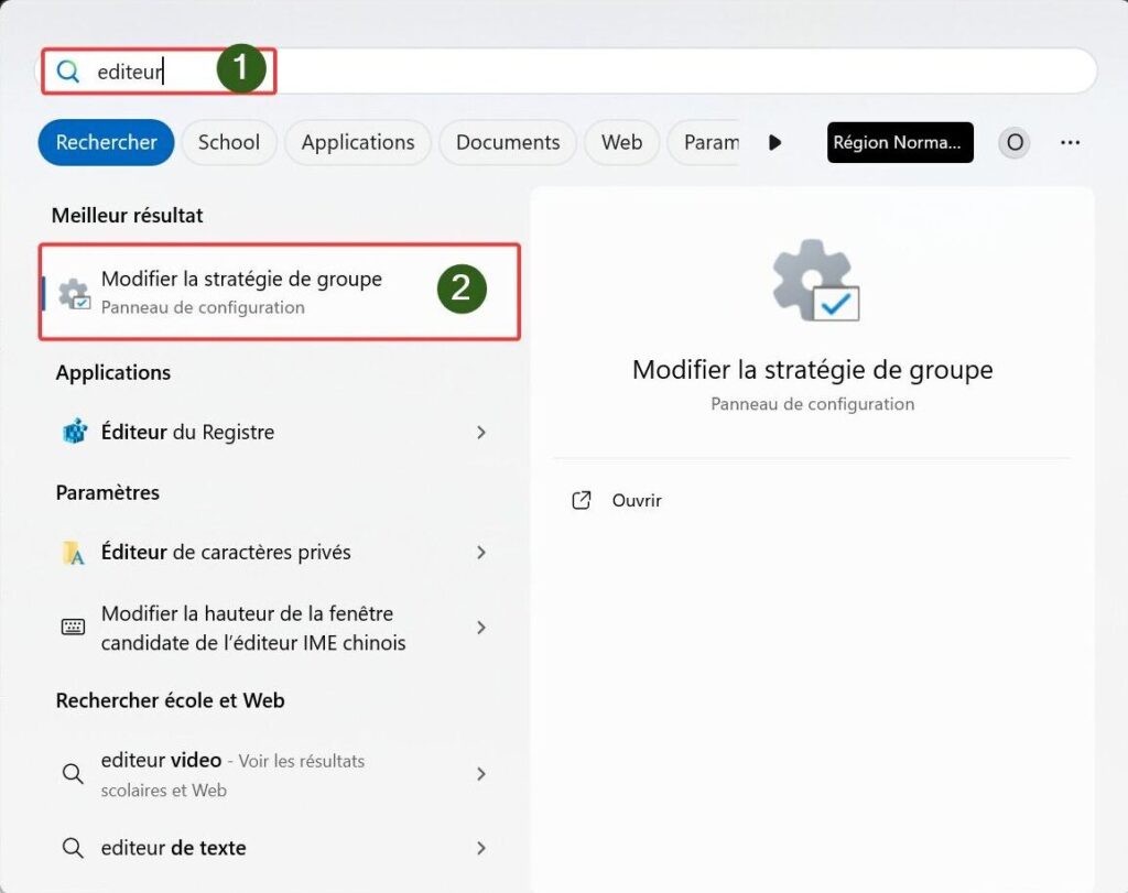 ouverture de l'éditeur de stratégie de groupe