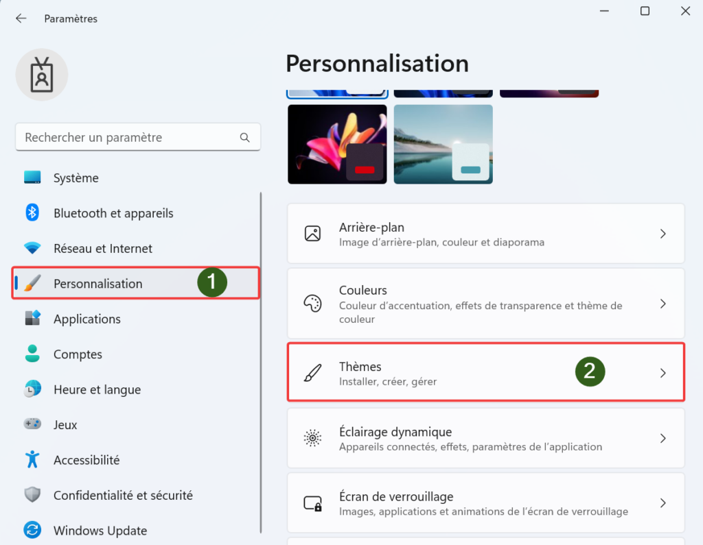Menu Thèmes dans le options de personnalisation Windows