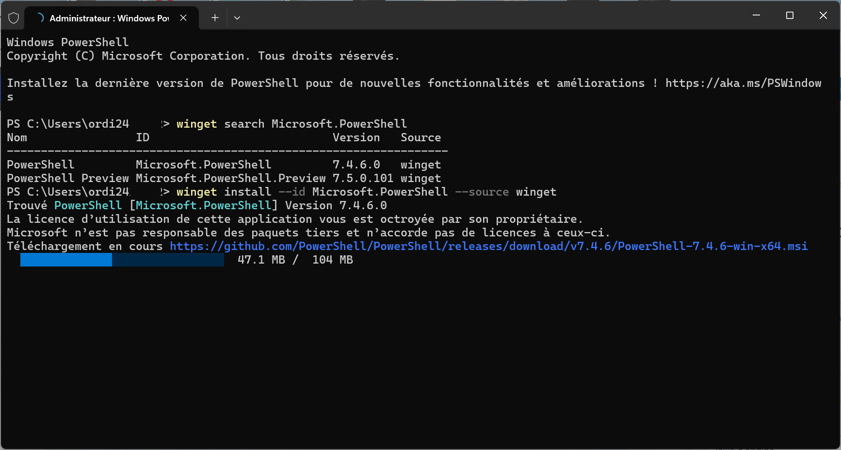 Téléchargement de powershell 7 dans le terminal