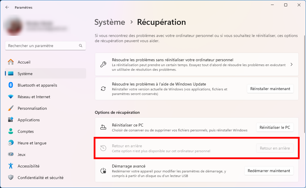 Délai du Retour en arrière écoulé sur Windows 11.