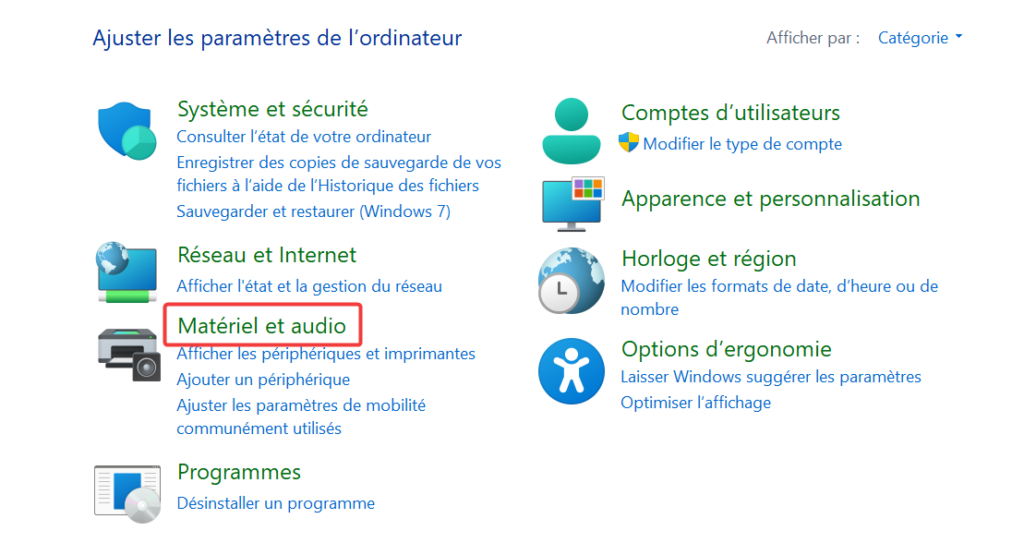 Section Matériel et Audio du panneau de configuration
