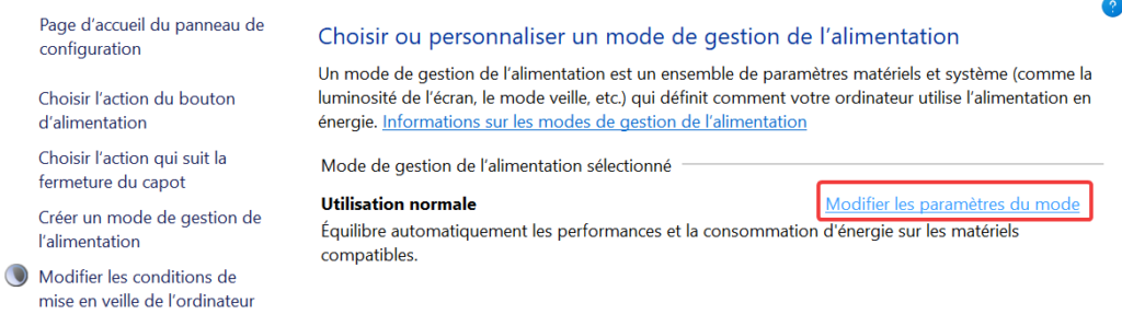 LIen Modifier les paramètres du mode