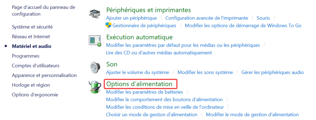Lien Options d'alimentation du Panneau de configuration