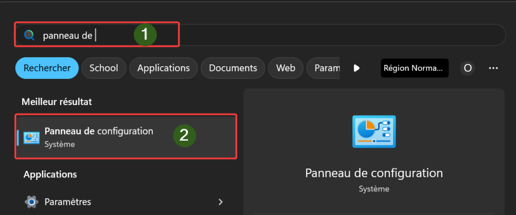 Ouverture panneau de configuration