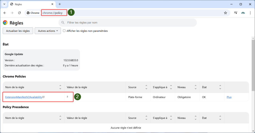 Vérification de la modification des règles dans Chrome 