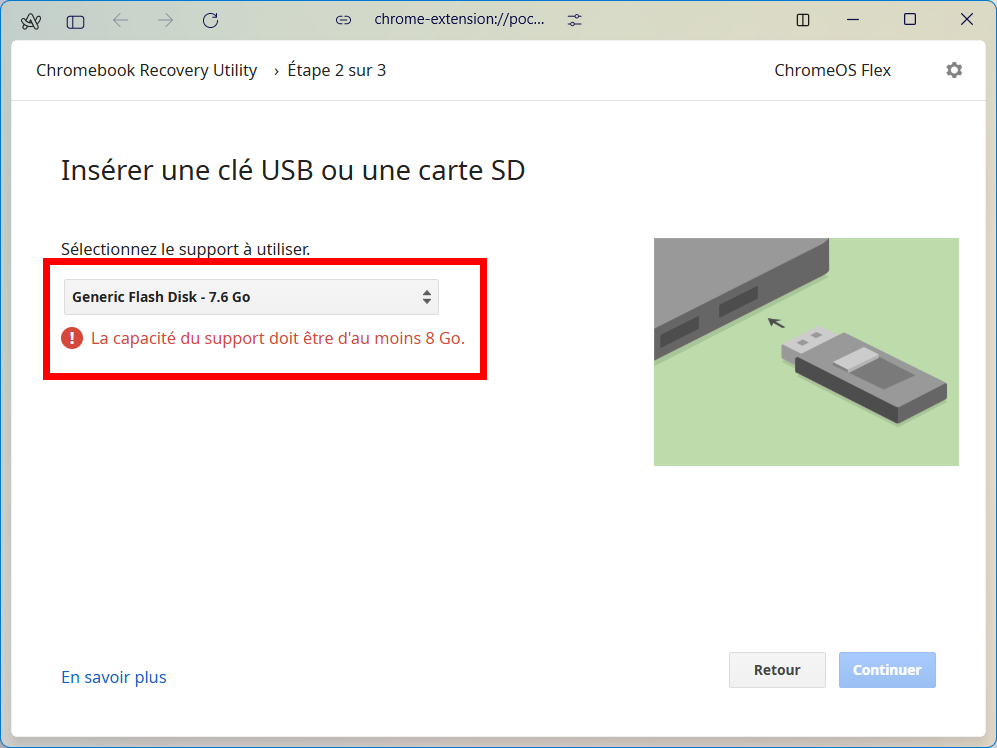 ChromeOS Flex nécessite obligatoirement une clé USB de 8 Go effectifs minimum