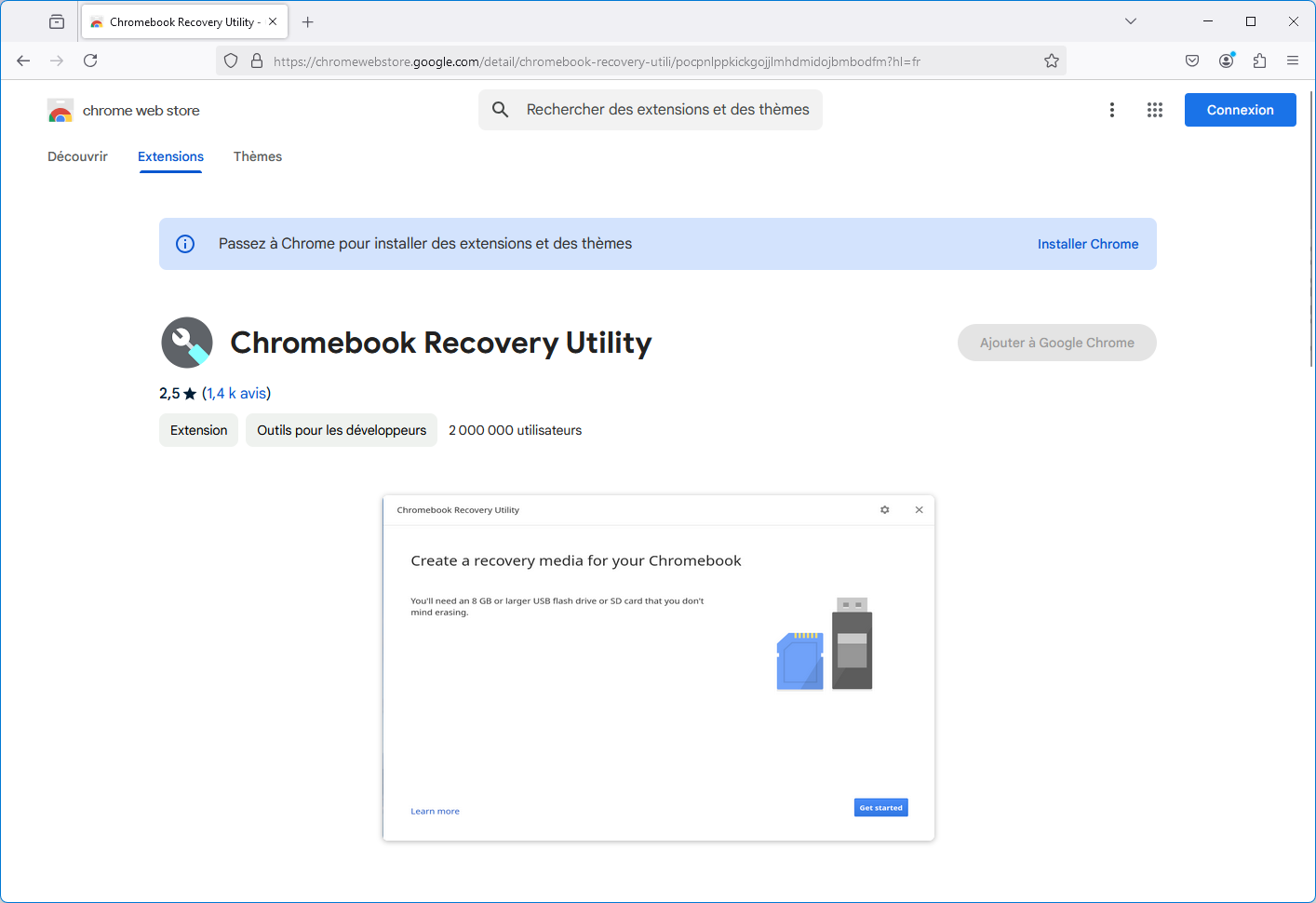 Impossible d'installer l'extension Chromebook Recovery Utility sur Firefox.