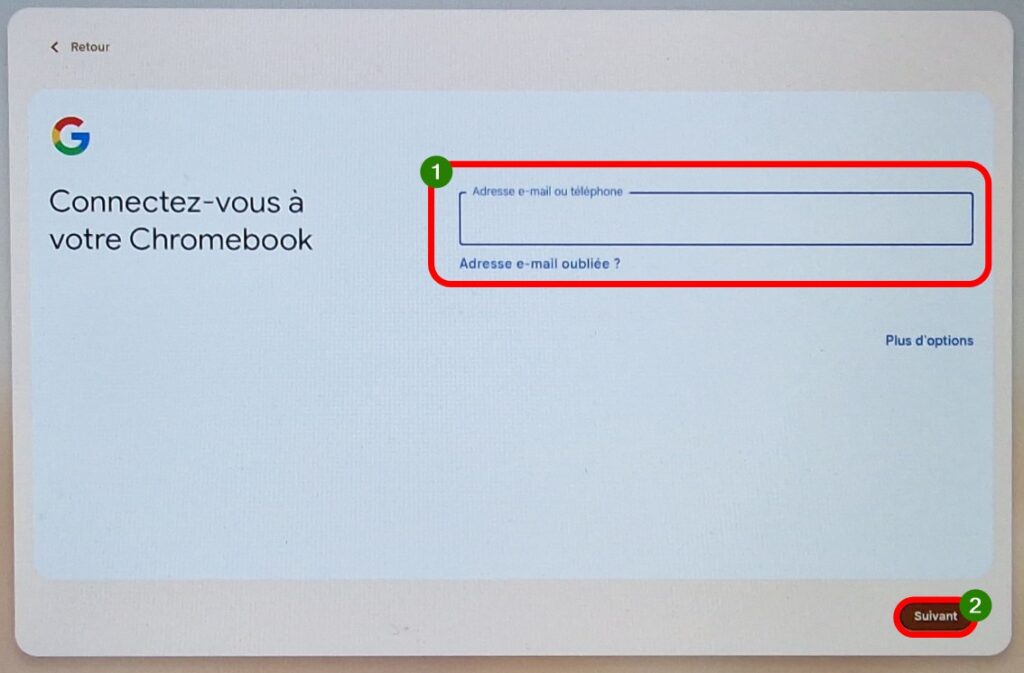 ChromeOS, se connecter à son compte Google ou en créer un.