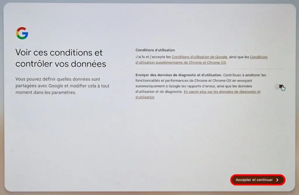 ChromeOS, conditions d'utilisation. Accepter et continuer