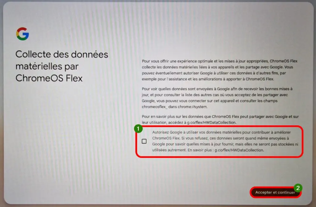 ChromeOS, refuser la collecte de données matérielles et Accepter et continuer