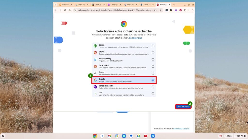 ChromeOS, choisir le moteur de recherche par défaut dans Chrome.