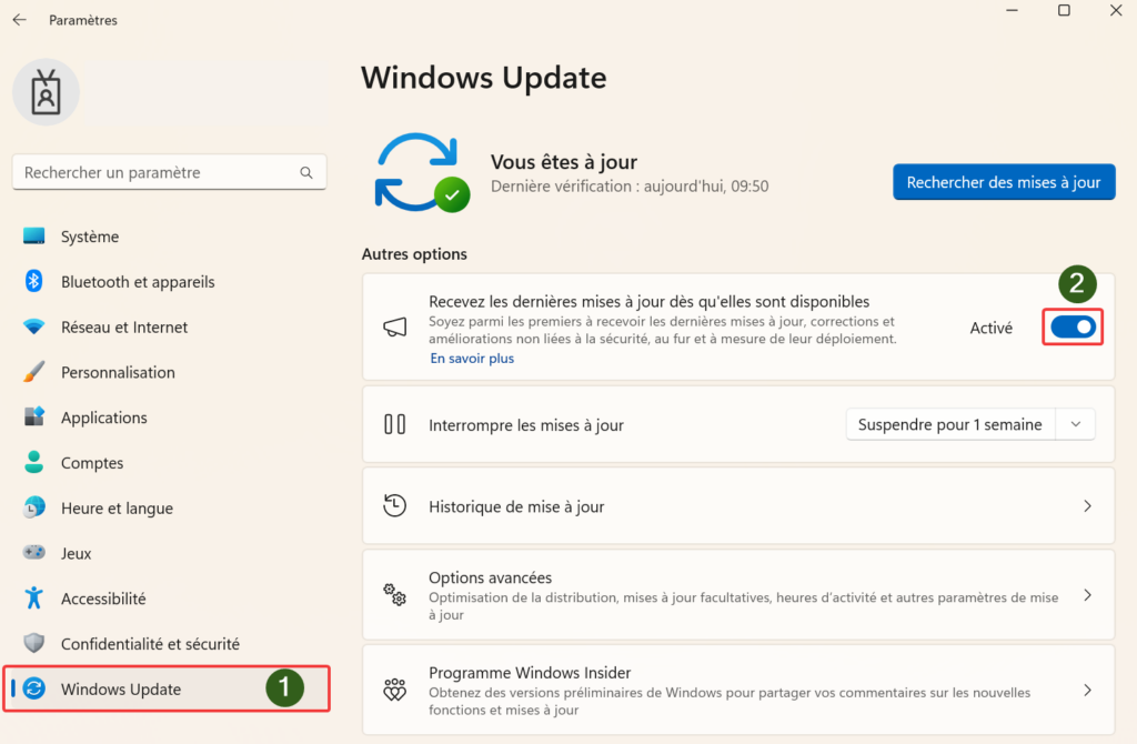 Comment faire les mises à jour sur Windows 11 ? Activation de la réception automatique des mises à jour dans Windows Update.