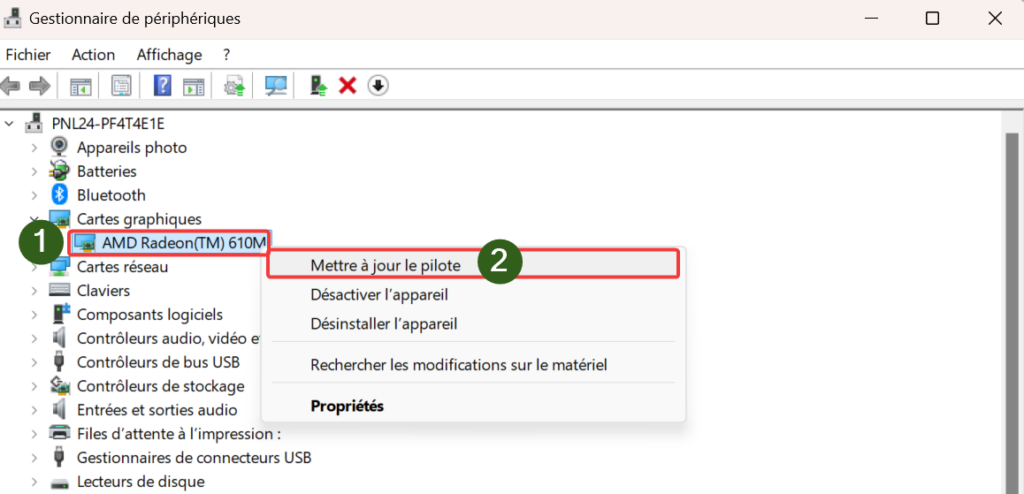 Menu contextuel du chipset graphique dans le Gestionnaire de périphérique et sélection de Mettre à jour le pilote.