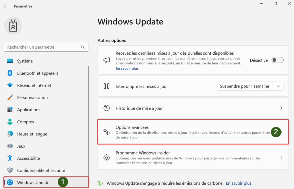Comment installer les mises à jour Windows 11 ? Ouvrir les options avancées de Windows update.