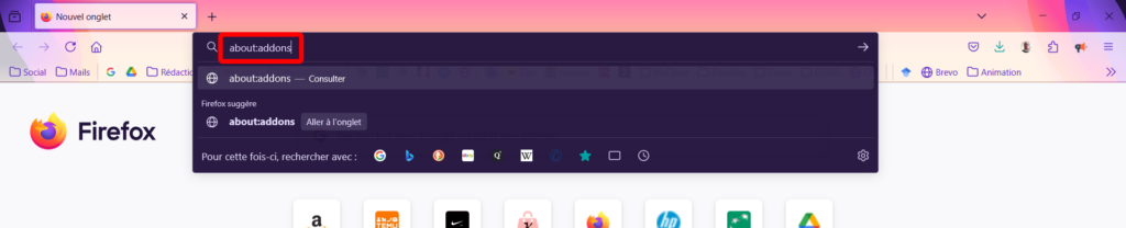 02 Taper about addons dans la barre d'adresse de Firefox