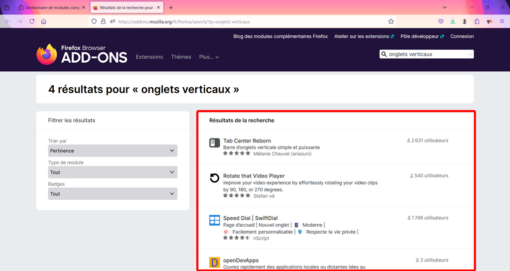10 Résultats de recherche sur ADD-ONS de Firefox