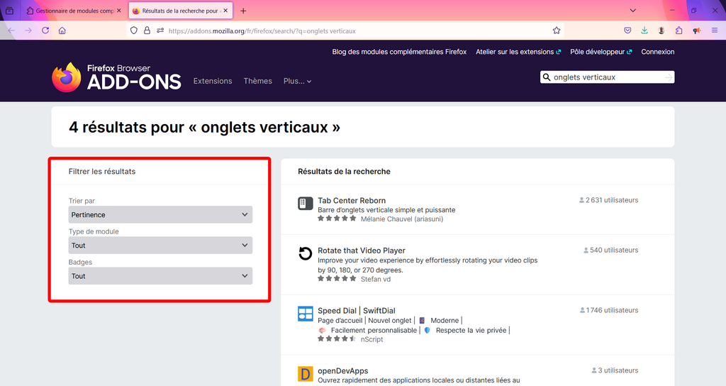 11 Filtrer les résultats dans ADD-ONS Firefox