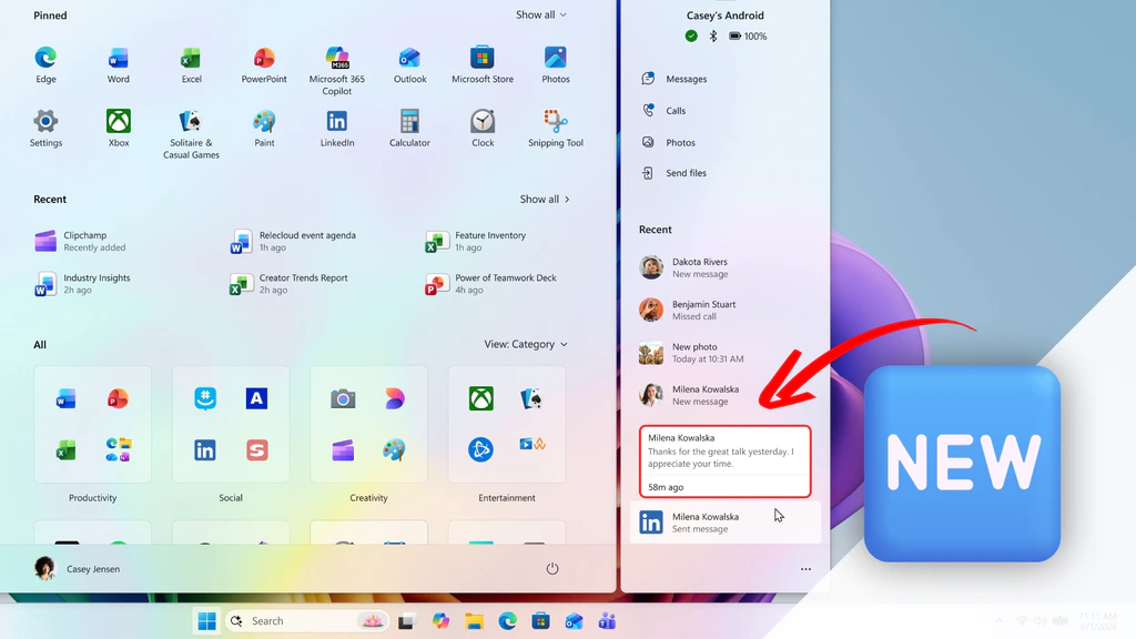 Windows 11 26H2 : le menu Démarrer affichera les messages et notifications de votre smartphone