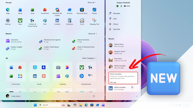 Windows 11 26H2 : le menu Démarrer affichera les messages et notifications de votre smartphone